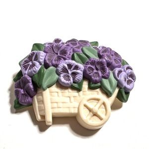 Vintage Hallmark Gardeners Brooch Pin Purple Pansy Flower Cart Spring Easter